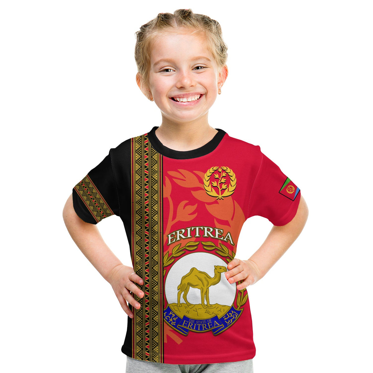 Kids Eritrea graphic T-shirt, red with black patterned side panels and crest front