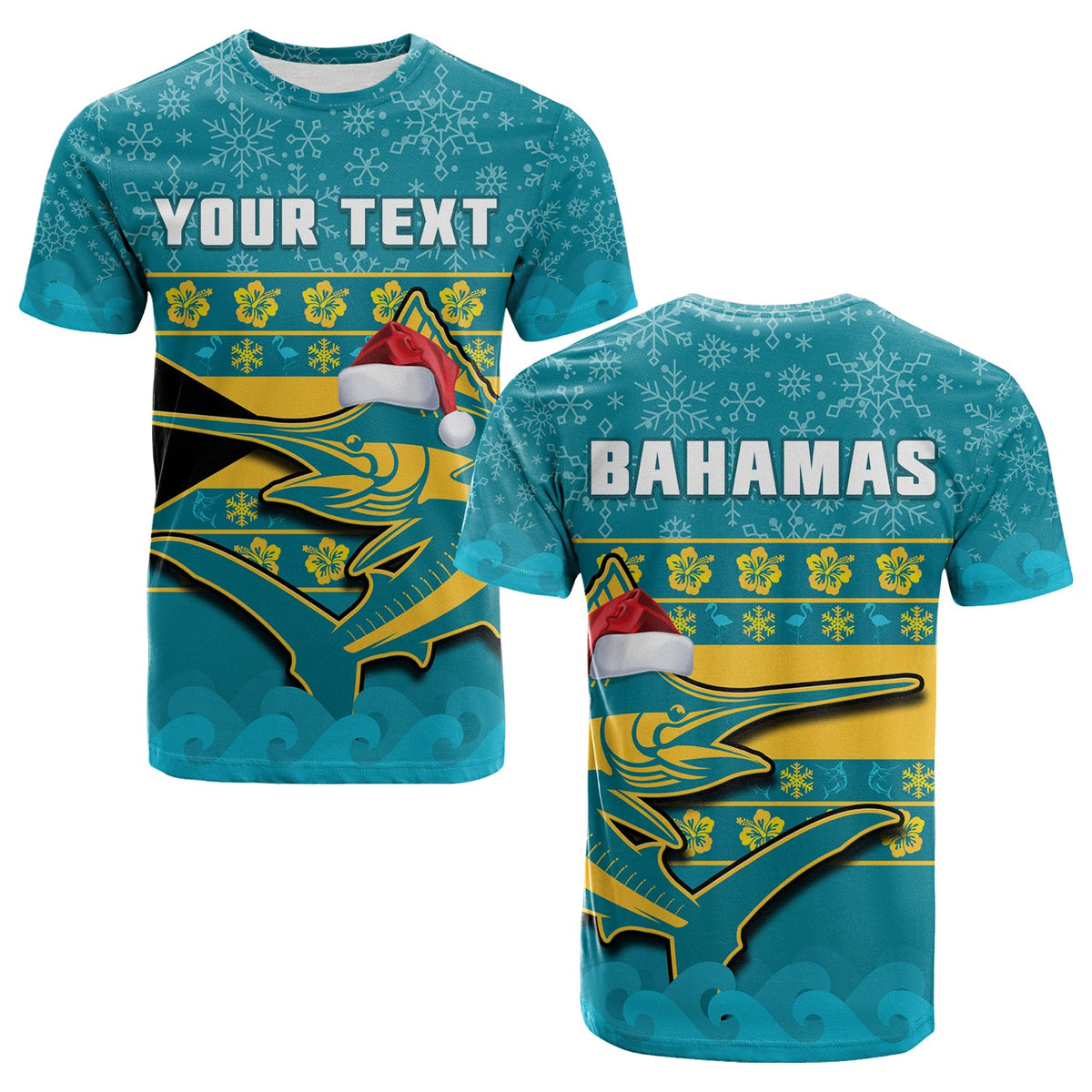 Turquoise Bahama T-shirt with snowy pattern, “YOUR TEXT” banner, marlin graphic