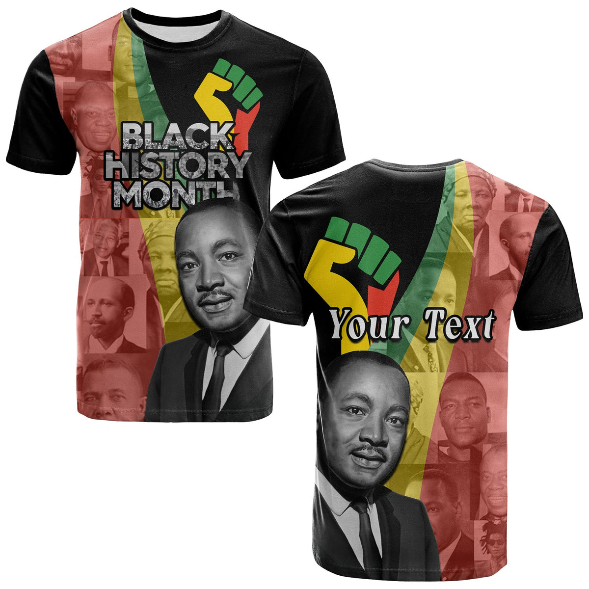 Black crewneck T-shirt with 'BLACK HISTORY MONTH' graphic and large '5' fist