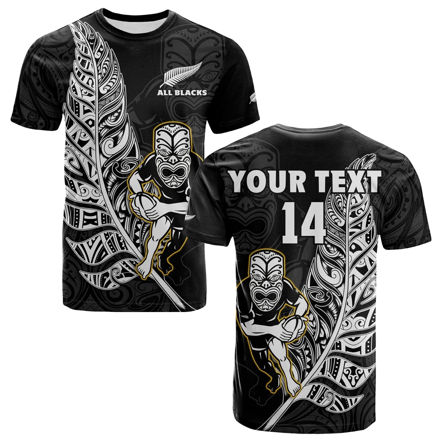 Custom Text And Number New Zealand 2022 Rugby T Shirt All Black Silver Fern Maori Pattern Version Black - Wonder Print Shop