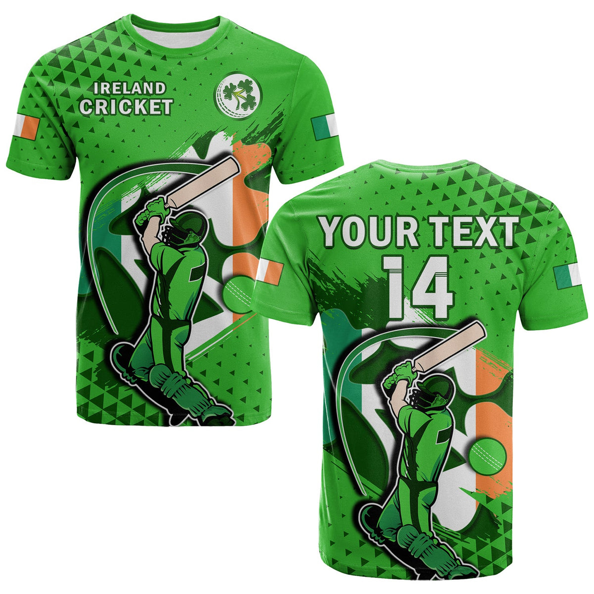 Green cricket T-shirt with Ireland Cricket text and clover crest, front view