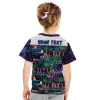 Purple Hawaiian T-shirt back on child with YOUR TEXT band, dancing skeletons and palms