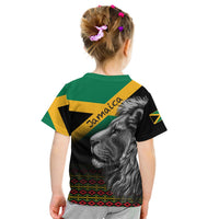 Kids' black T-shirt with 'Jamaica' text and gray lion head graphic on back.