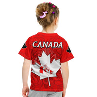Red kids T-shirt back with CANADA lettering and white maple leaf map