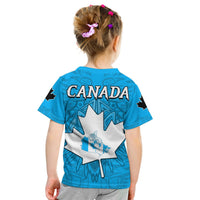 Kid blue Canada T-shirt back with CANADA text and maple-leaf map print