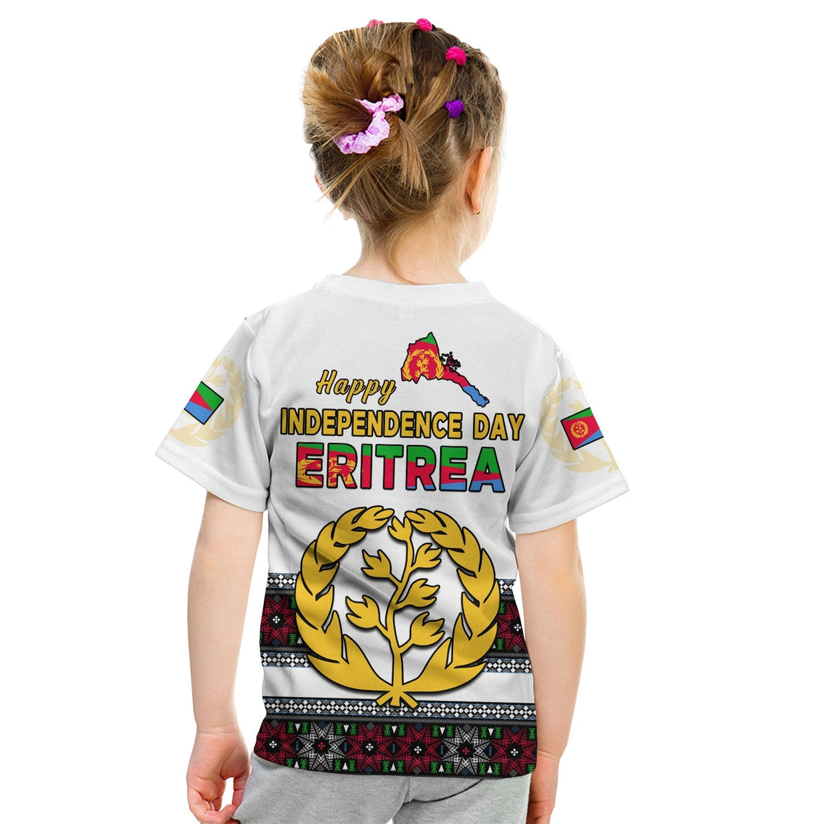 White kid T-shirt back: Happy Independence Day Eritrea with laurel and map