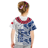 Kids white rugby T-shirt with blue tribal back print and red floral wreath neckline.