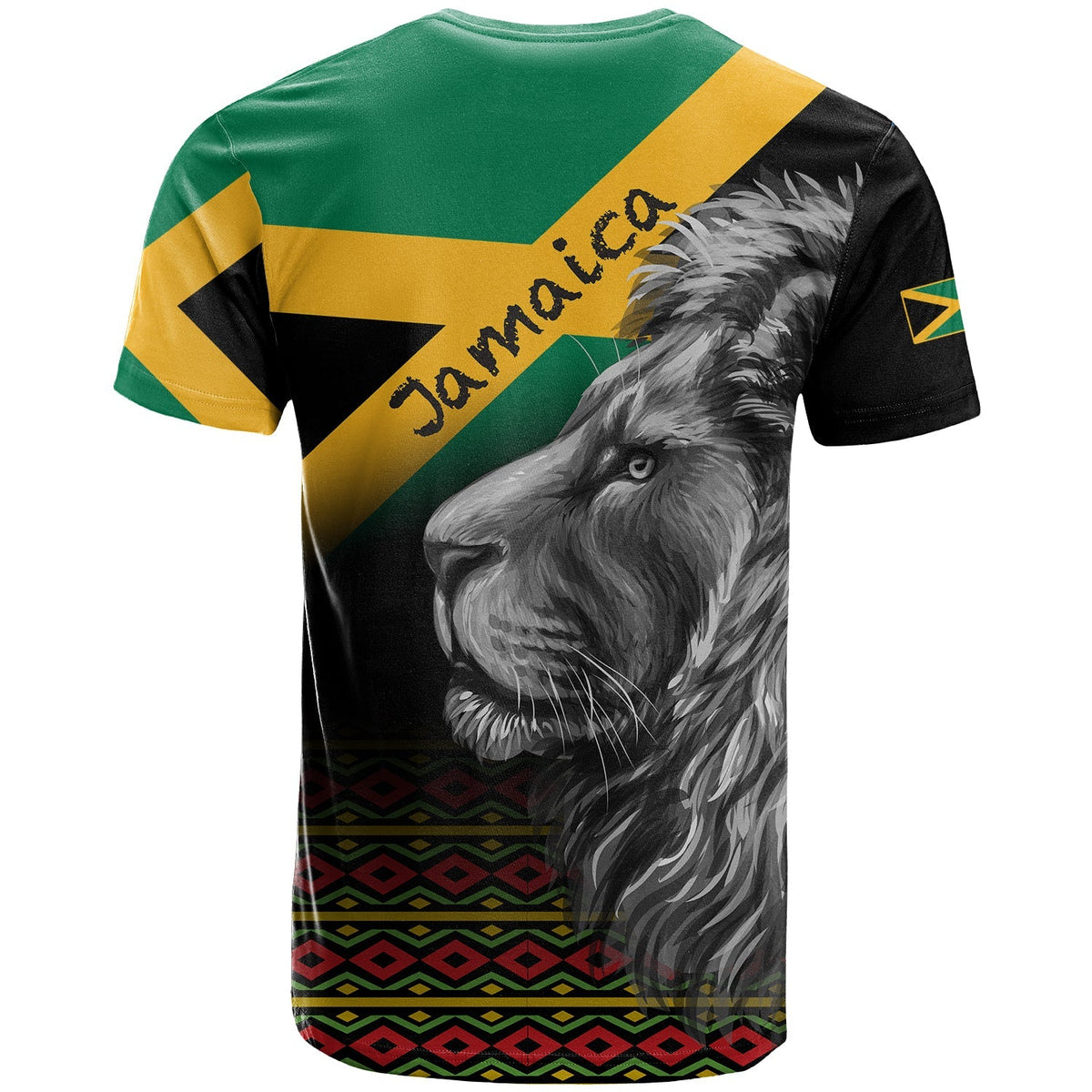 Black Jamaica T-shirt with green and gold panels and gray lion face graphic across back.