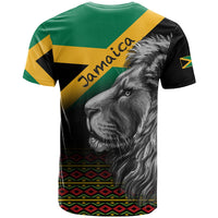 Black Jamaica T-shirt with green and gold panels and gray lion face graphic across back.