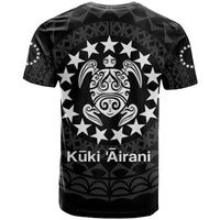 Black T-shirt back with white turtle face in star circle and Kuki Airani text