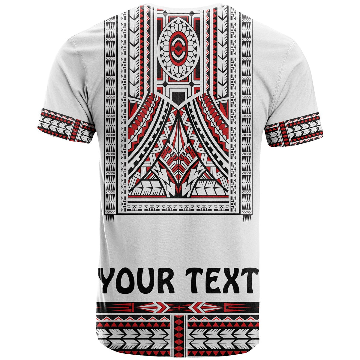 Custom Polynesian T-shirt, back view with red/black tribal print and 'YOUR TEXT'