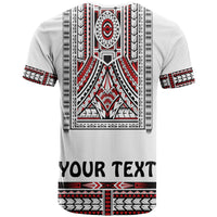 Custom Polynesian T-shirt, back view with red/black tribal print and 'YOUR TEXT'