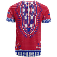 Red dashiki-style Haiti T-shirt back with central blue-and-white vertical ornament