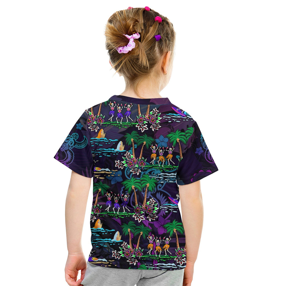 Kids graphic t-shirt back print with tropical skeleton dance, palm trees and flowers