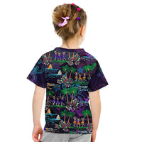 Kids graphic t-shirt back print with tropical skeleton dance, palm trees and flowers