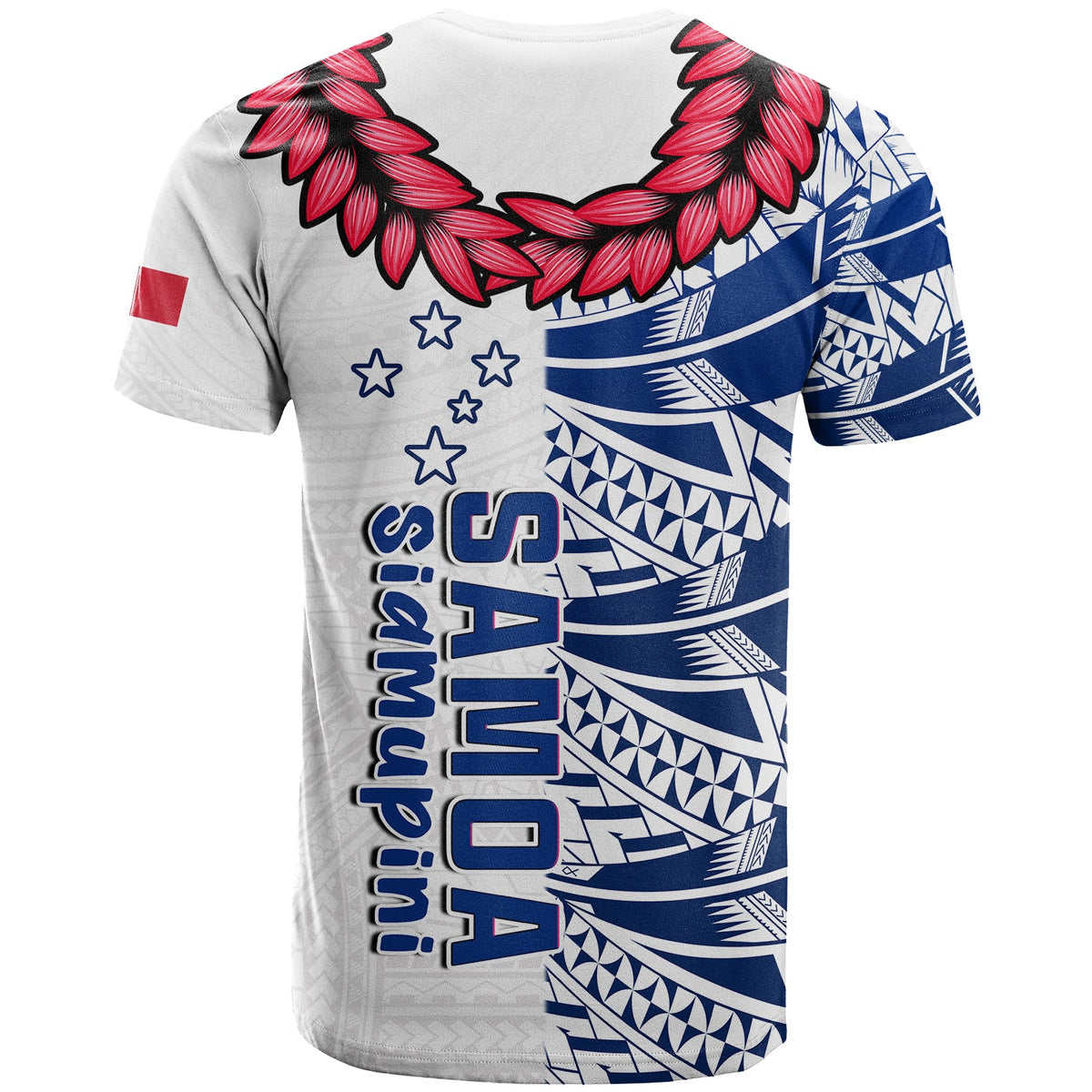 White rugby T-shirt with blue tribal back print and red floral wreath neckline.