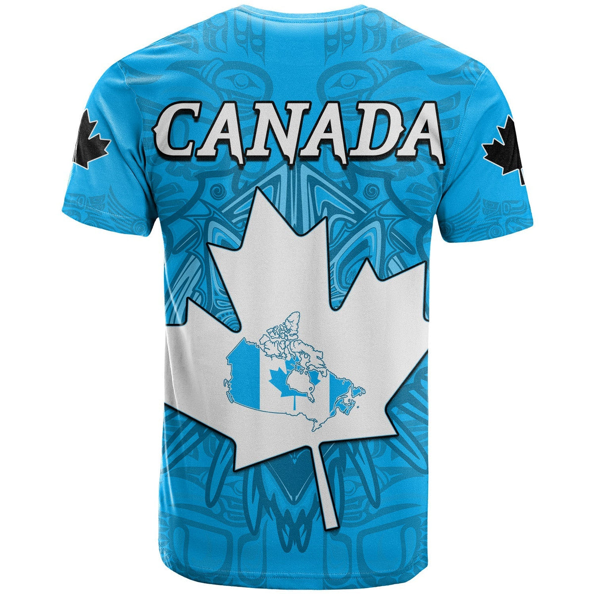 Blue T-shirt back with CANADA text and large white maple leaf map graphic
