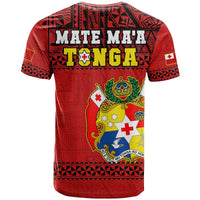 Tonga rugby t-shirt, red with black pattern, Mate Maa Tonga back graphic and crest
