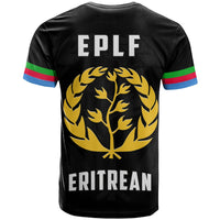 Back view black EPLF Eritrea T-shirt with large tree emblem, 'ERITREAN' text, striped sleeves