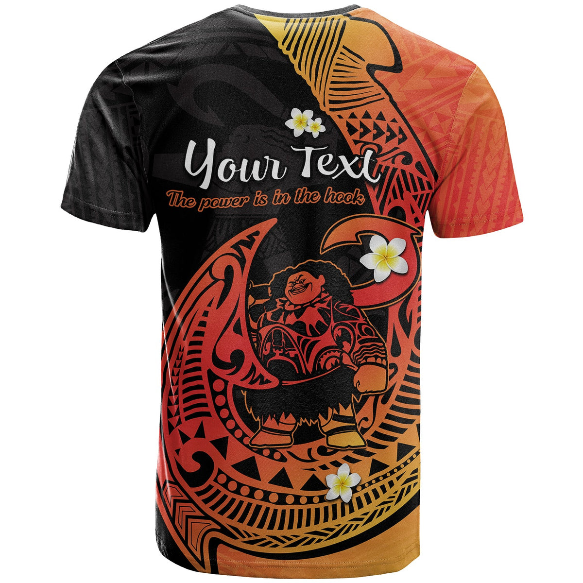 Black and orange gradient T-shirt with Polynesian Maui text and hook graphic, back view.