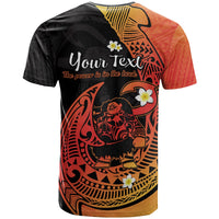 Black and orange gradient T-shirt with Polynesian Maui text and hook graphic, back view.