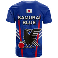 Blue football T-shirt back with SAMURAI BLUE text, Japanese flag patch, crest
