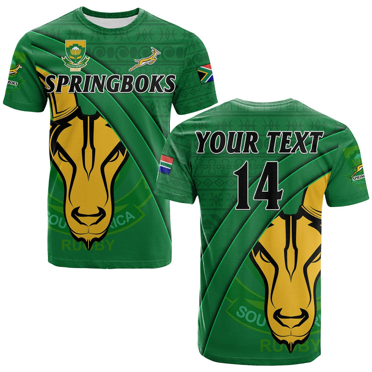 Green rugby T-shirt with Springboks and African pattern, front view