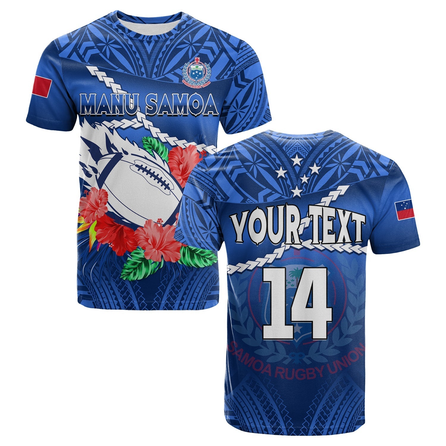 Custom Samoa Rugby T Shirt Manu Samoa Polynesian Hibiscus Blue Style - Wonder Print Shop