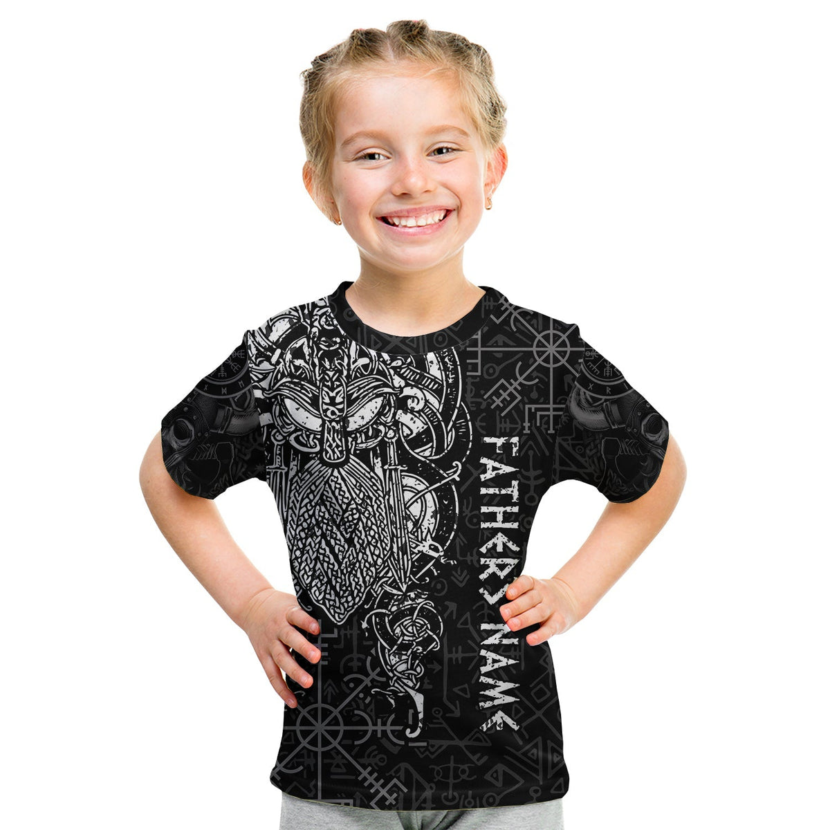 Svart barnttröja med Odin-runar och vikingaornament, tryck över framsidan