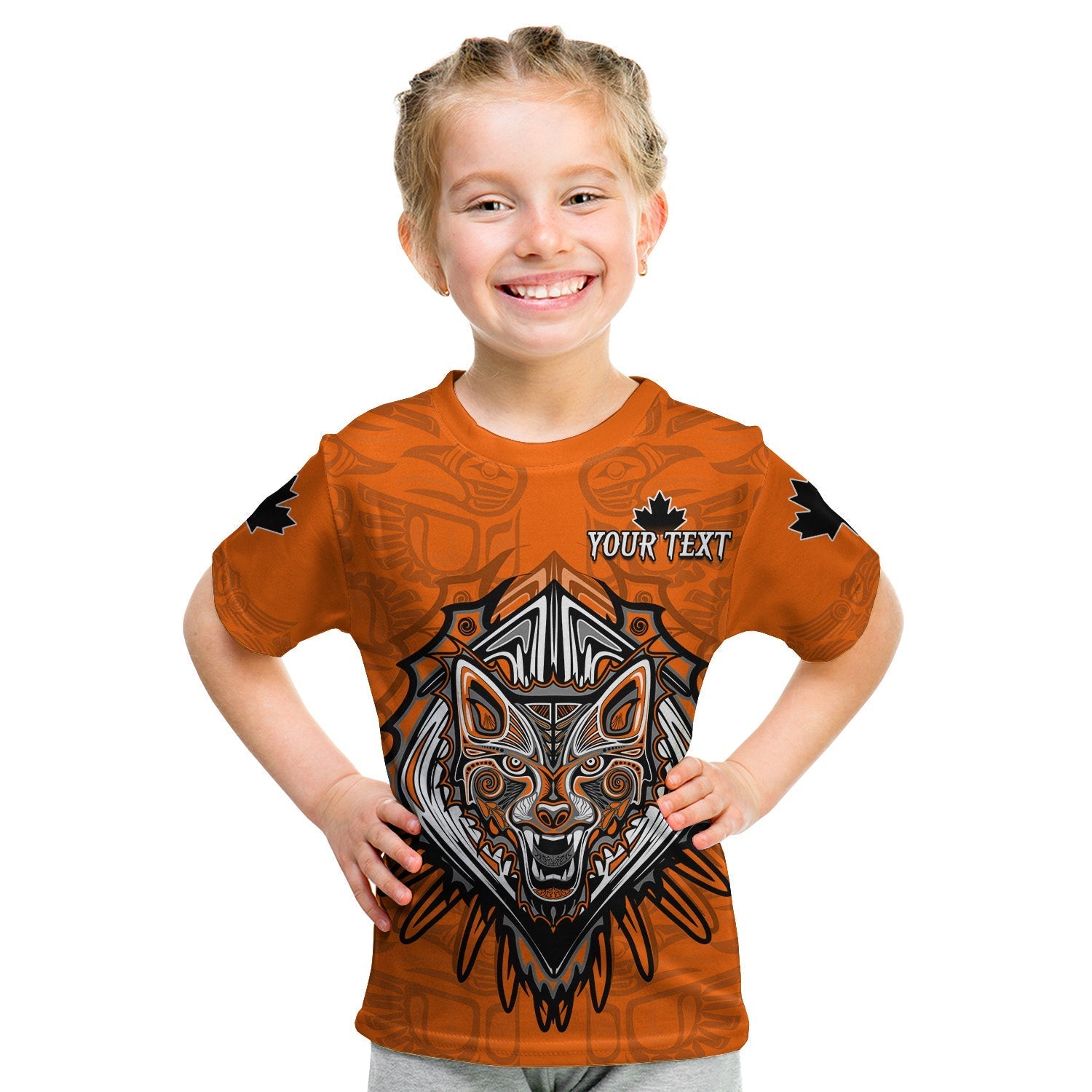 (Custom Personalised) Canada Maple Leaf T Shirt KID Orange Haida Wolf LT13 - Wonder Print Shop