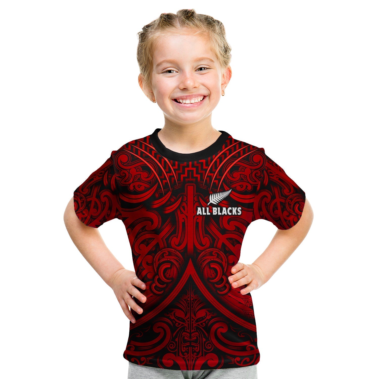 Custom Text and Number New Zealand Silver Fern Rugby T Shirt KID All Black Red NZ Maori Pattern LT13 - Wonder Print Shop