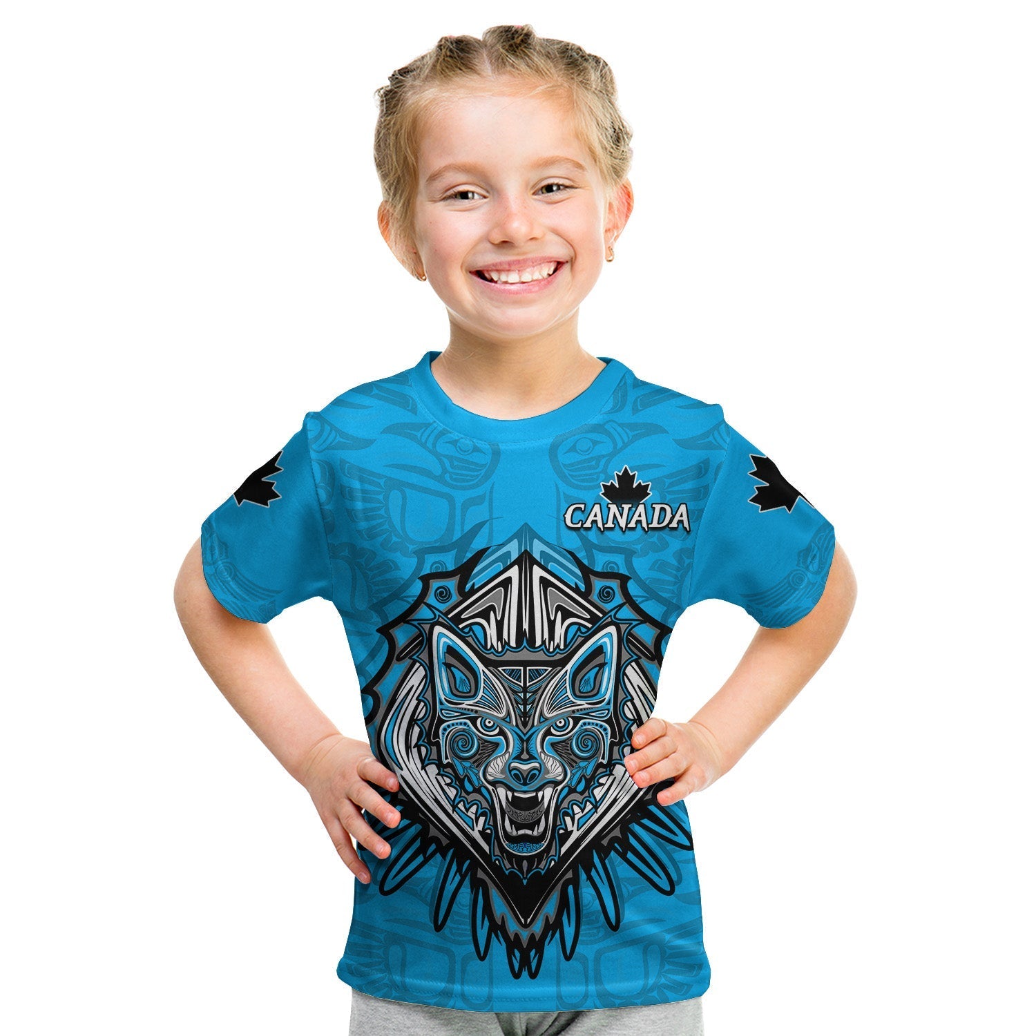 Canada Maple Leaf T Shirt KID Blue Haida Wolf LT13 - Wonder Print Shop