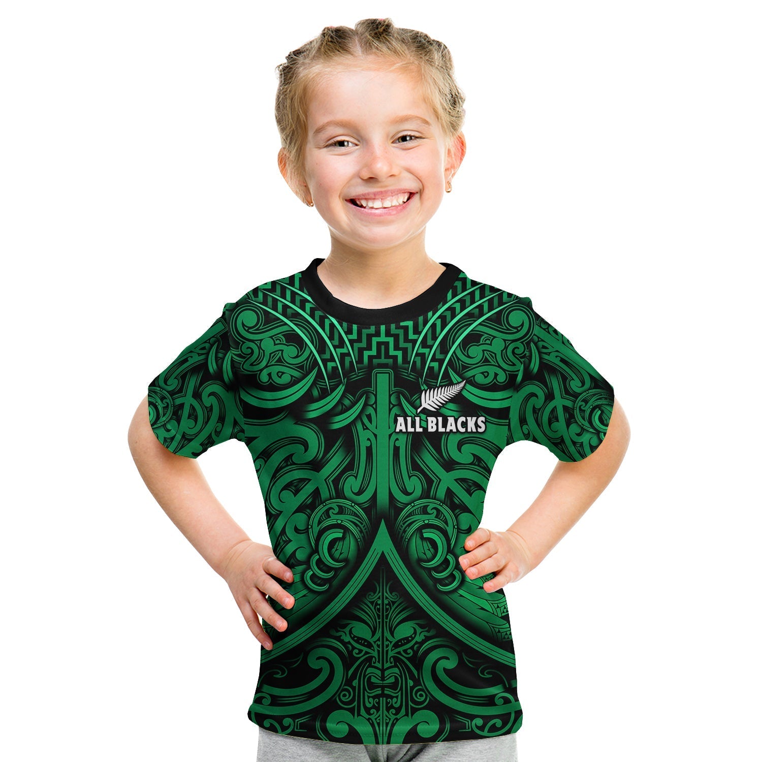 New Zealand Silver Fern Rugby T Shirt KID All Black Green NZ Maori Pattern LT13 - Wonder Print Shop