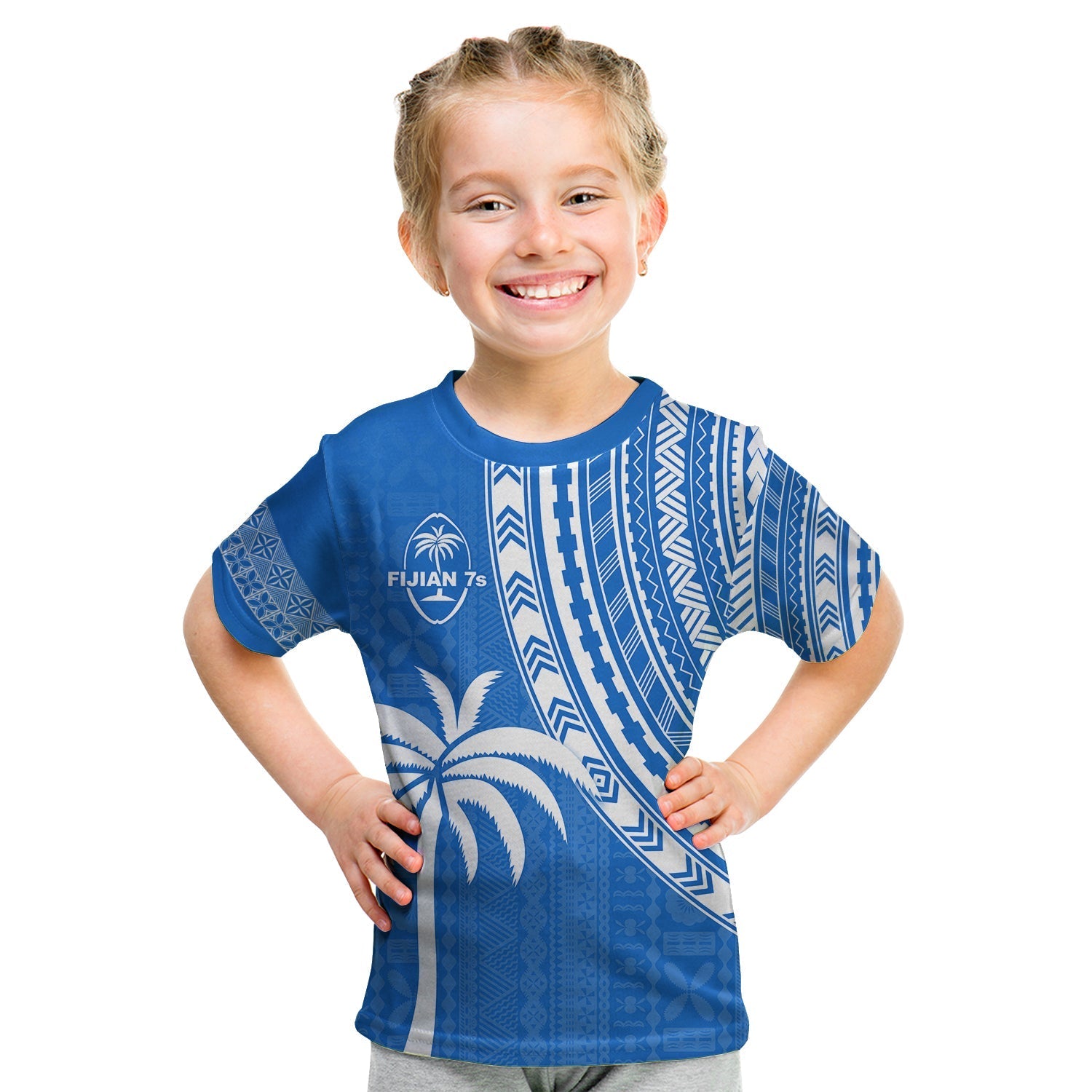 Fiji Rugby Sevens T Shirt KID Fijian 7s Tapa Polynesian Blue Ver.01 LT13 - Wonder Print Shop