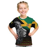 Kids' black Jamaica lion T-shirt with green and yellow panels and lion portrait on front.