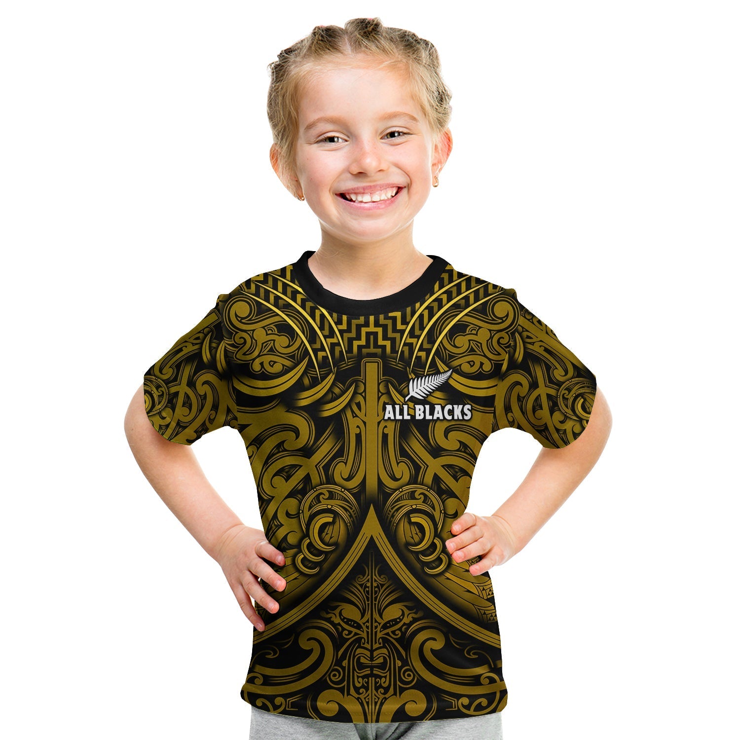 Custom Text and Number New Zealand Silver Fern Rugby T Shirt KID All Black Gold NZ Maori Pattern LT13 - Wonder Print Shop