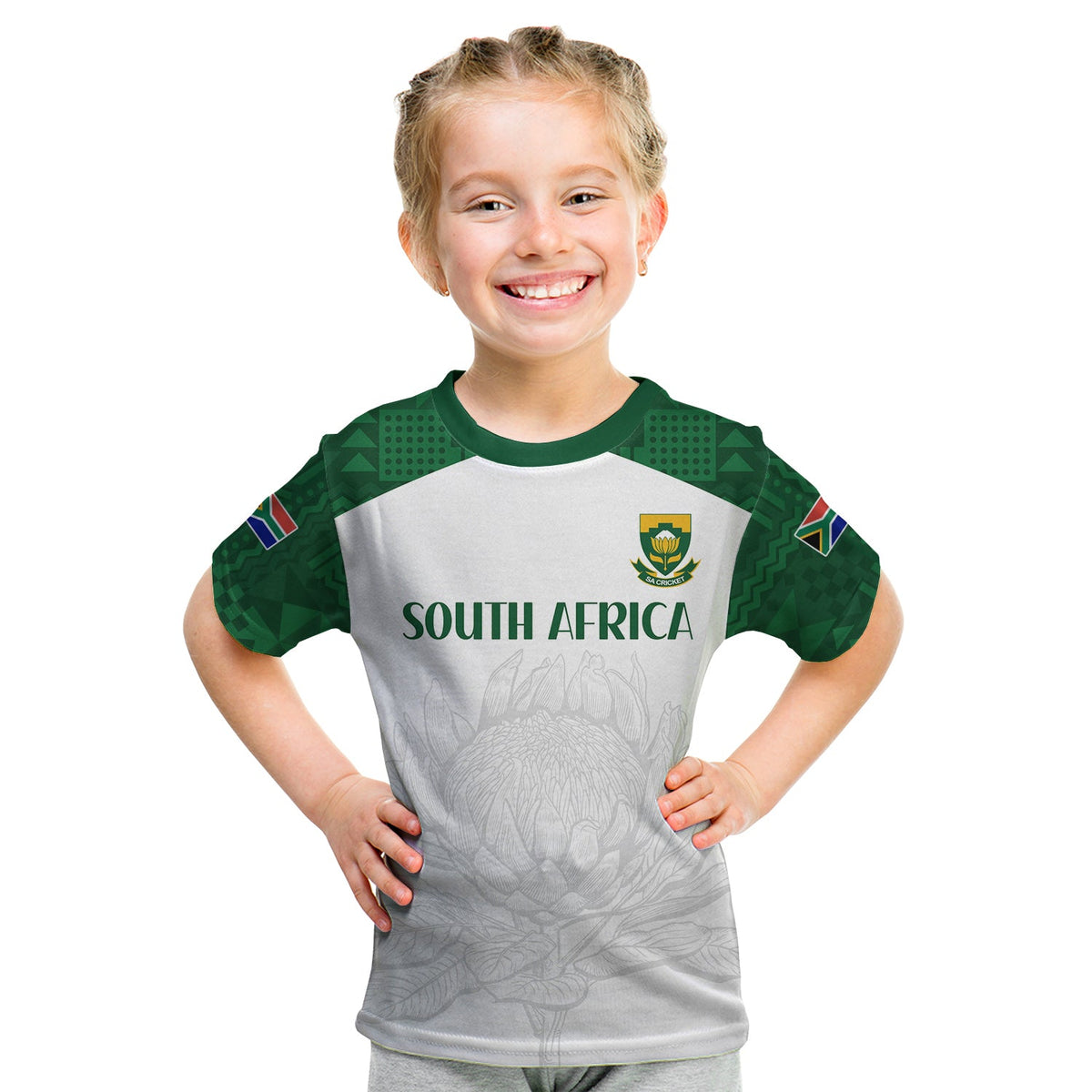 Kids South Africa cricket T-shirt with green raglan sleeves and white front text.
