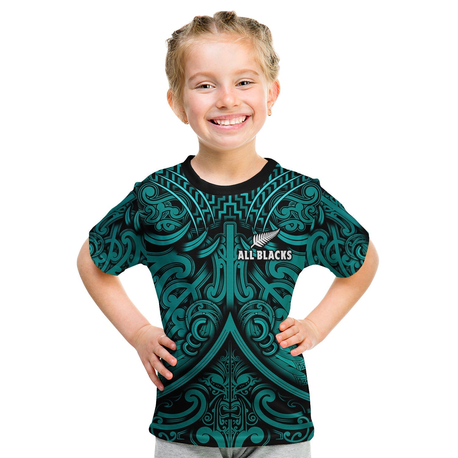 New Zealand Silver Fern Rugby T Shirt KID All Black Turquoise NZ Maori Pattern LT13 - Wonder Print Shop