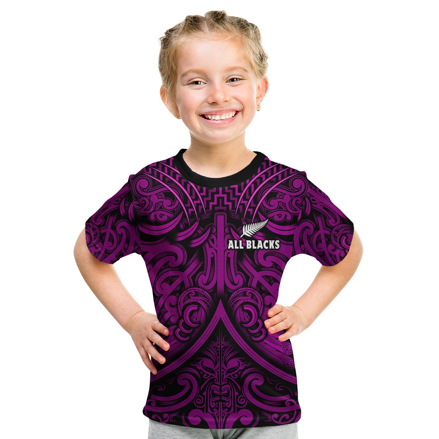 Custom Text and Number New Zealand Silver Fern Rugby T Shirt KID All Black Purple NZ Maori Pattern LT13 - Wonder Print Shop