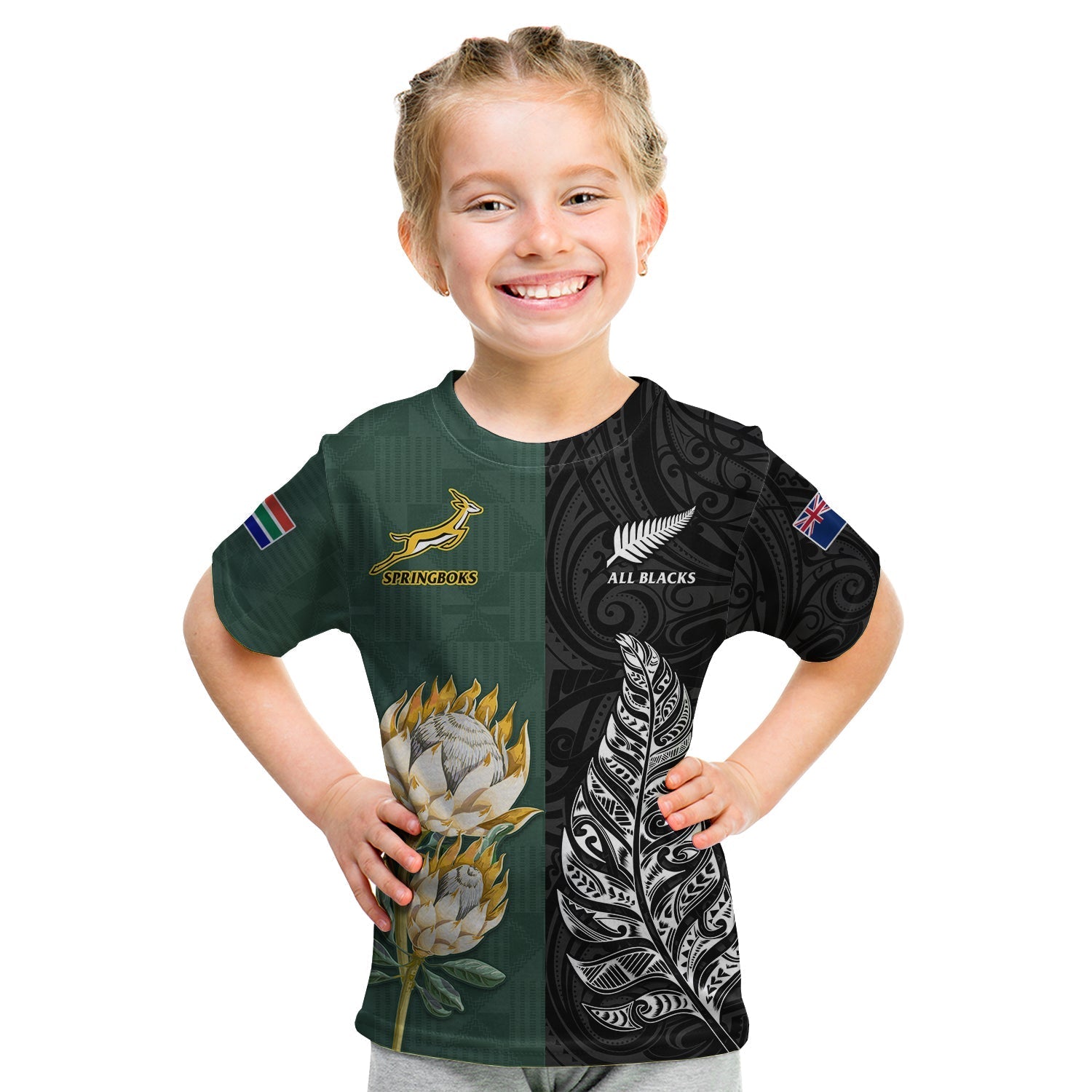 South Africa Protea and New Zealand Fern T Shirt KID Rugby Go Springboks vs All Black LT13 - Wonder Print Shop