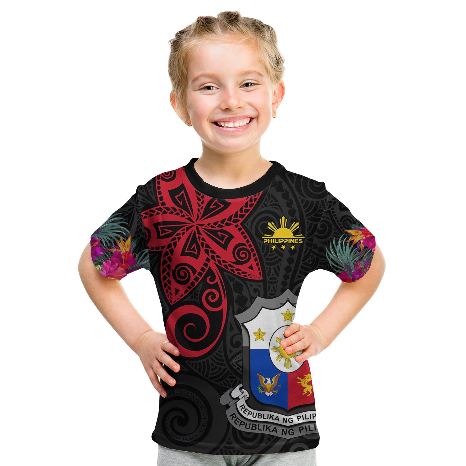 custom-personalised-philippines-t-shirt-kid-sun-filipino-polynesian-mix-flowers-black-vibe