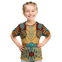 Kids native-style T-shirt, front print with dreamcatcher and turquoise/beige patterns