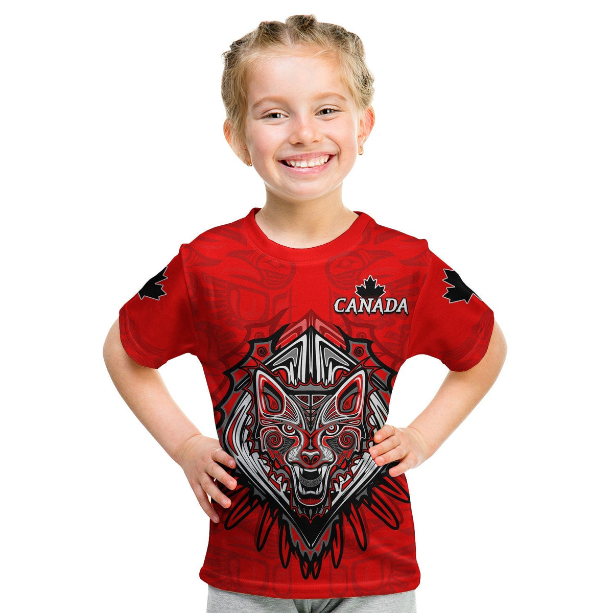 Kid red Canada T-shirt, front wolf face graphic with Canada logo