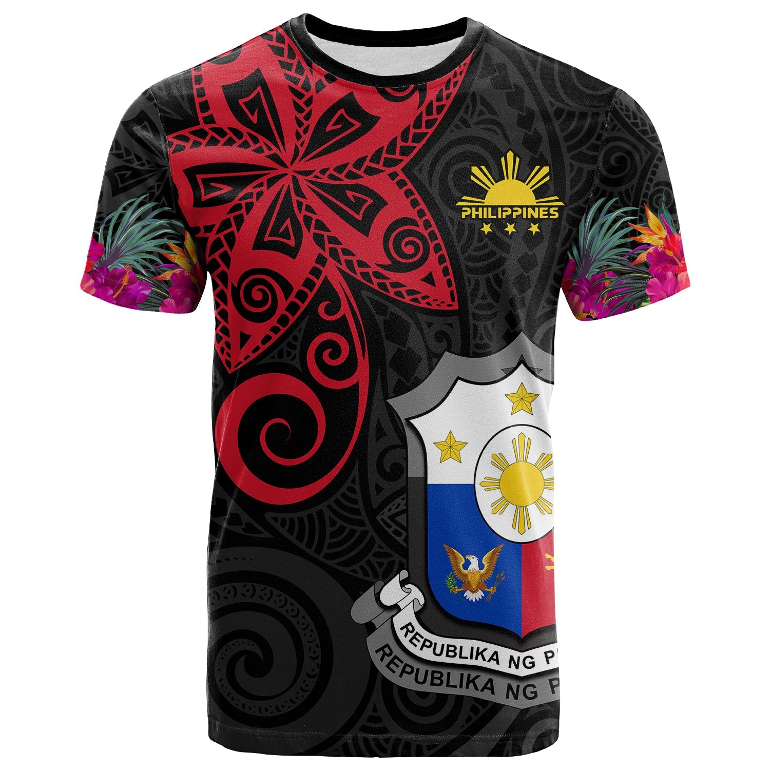 Custom Philippines T Shirt Sun Filipino Polynesian mix Flowers Black Vibe LT13 - Wonder Print Shop