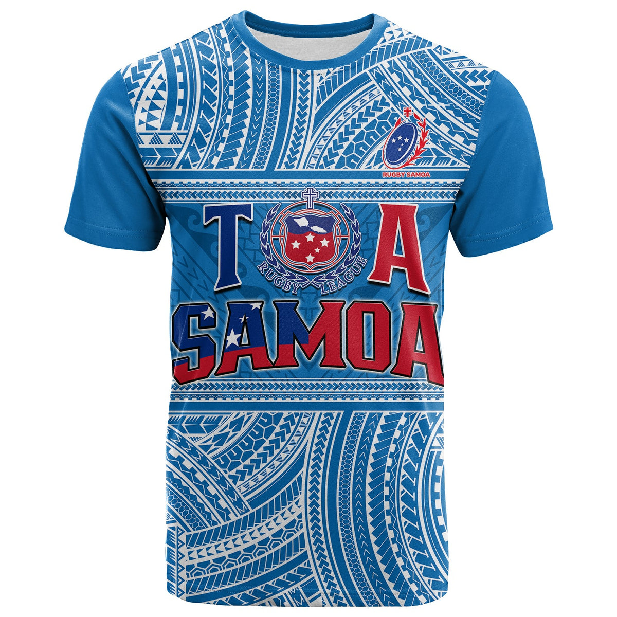 Blue rugby T-shirt with Samoan geometric pattern and "SAMOA" graphic on front.