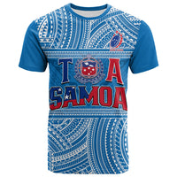Blue rugby T-shirt with Samoan geometric pattern and "SAMOA" graphic on front.