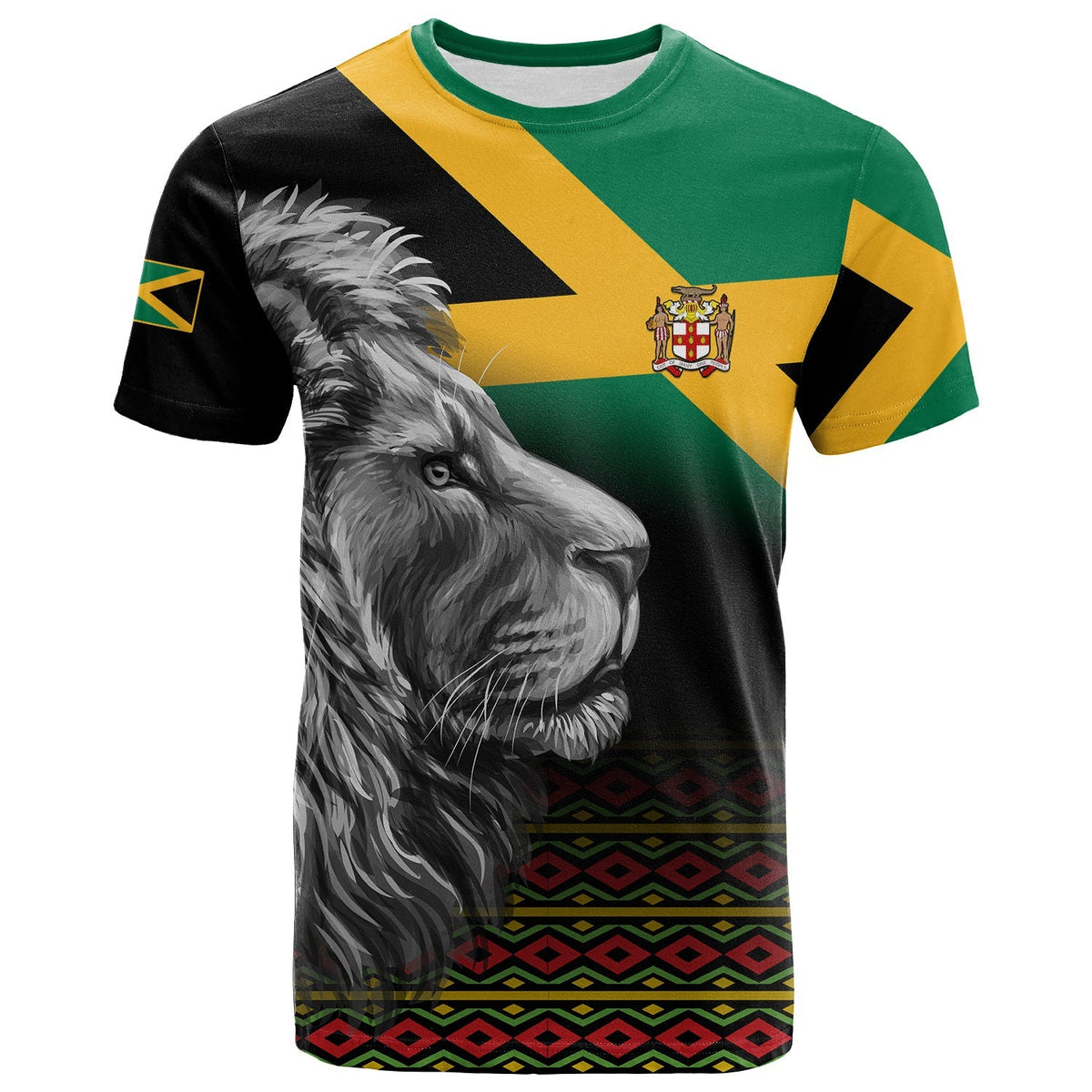 Black T-shirt with Jamaican flag panels and detailed gray lion graphic on front.