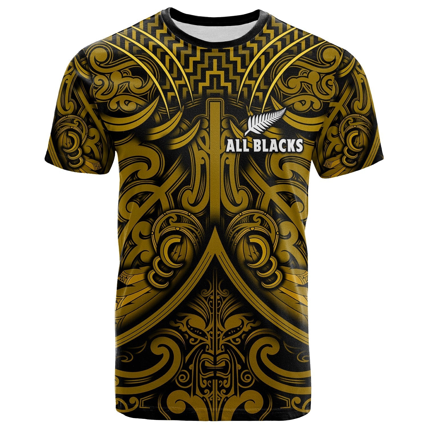 Custom Text and Number New Zealand Silver Fern Rugby T Shirt All Black Gold NZ Maori Pattern LT13 - Wonder Print Shop