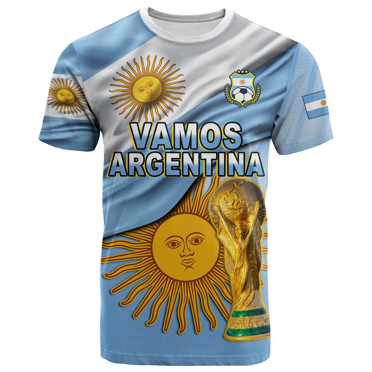 Light blue Argentina football T-shirt with 'Vamos Argentina' front graphic and sun face