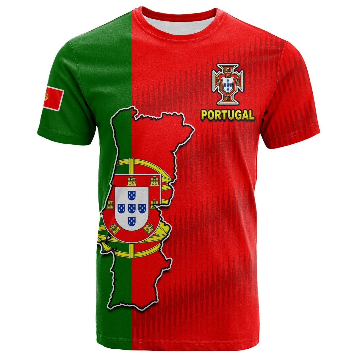 Portugal football T-shirt with Portugal crest, map graphic, red/green split front